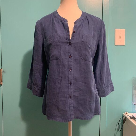 Pant, wide leg, med rise, cotton/linen, EUC, Sz L, navy wht stripe - Picture 12 of 16